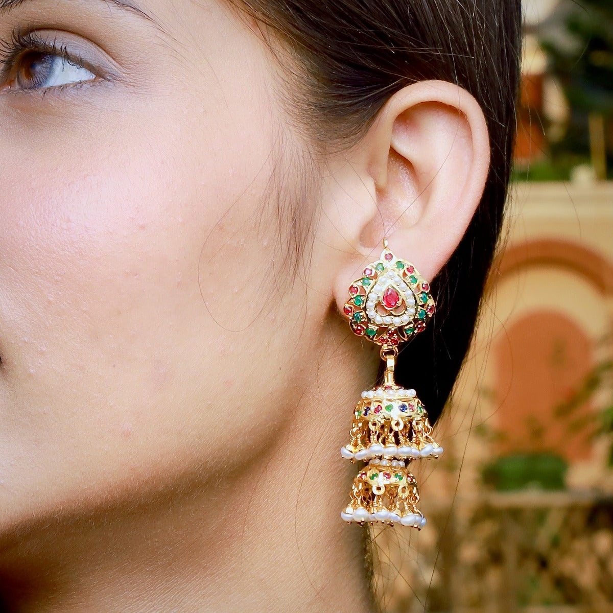 Multicolored Jadau Double Jhumka Earrings in Gold Plated Silver ER 175