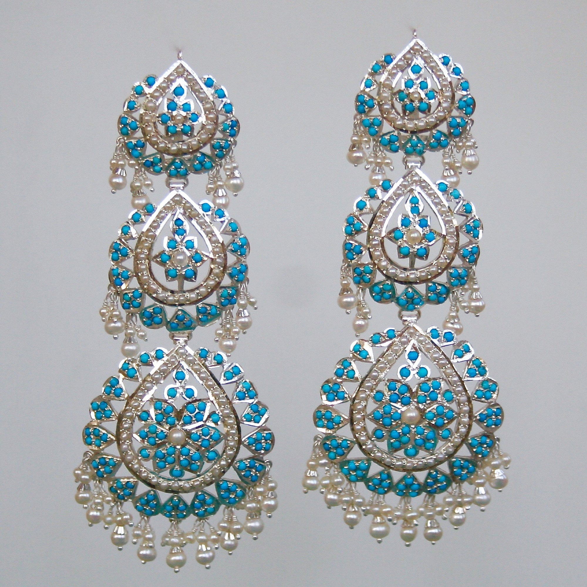 Statement Pearl and Turquoise Earrings | Large Indian Danglers for Women SER 001B