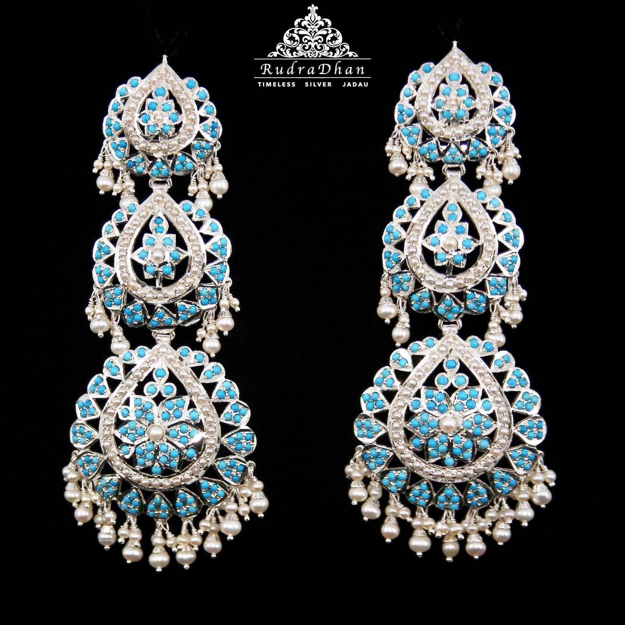 Statement Pearl and Turquoise Earrings | Large Indian Danglers for Women SER 001B