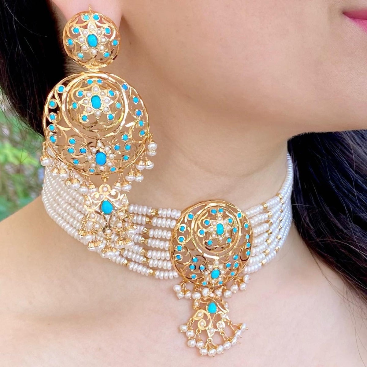 jadau choker set with real pearls on silver Feroza Choker Set