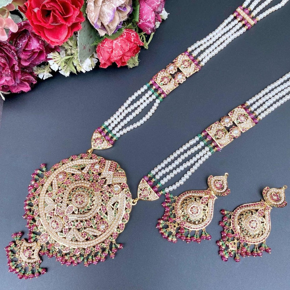 round gold rani haar with precious ruby emeralds