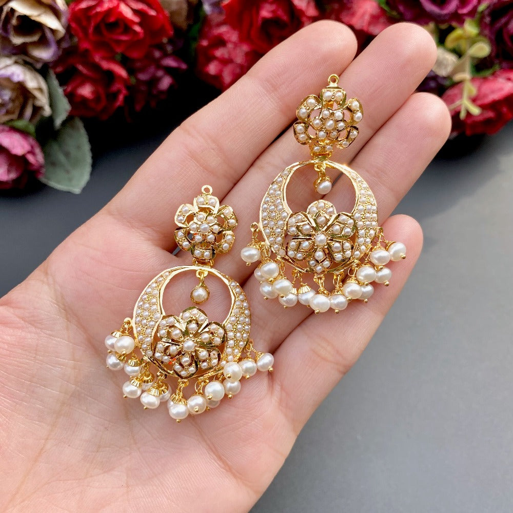 floral pearl chandbali earrings in 22ct gold