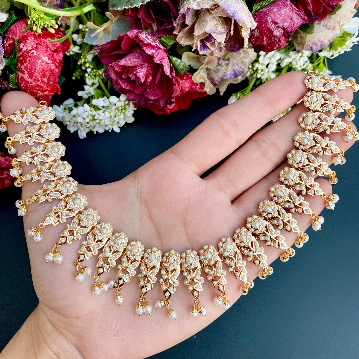 indian pearl necklace set in 22k gold matched with chandbali earrings