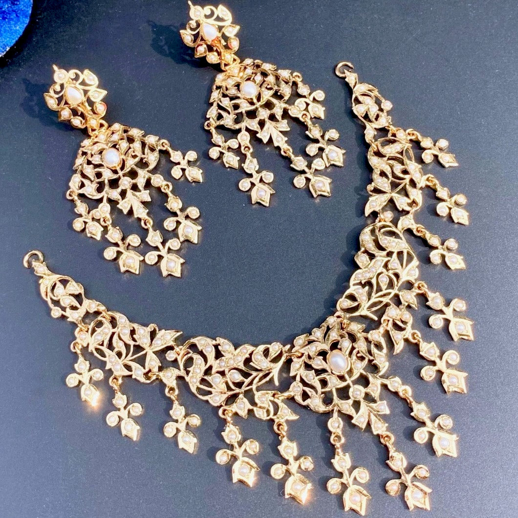 indian pearl jewelry set on pure silver with gold plating