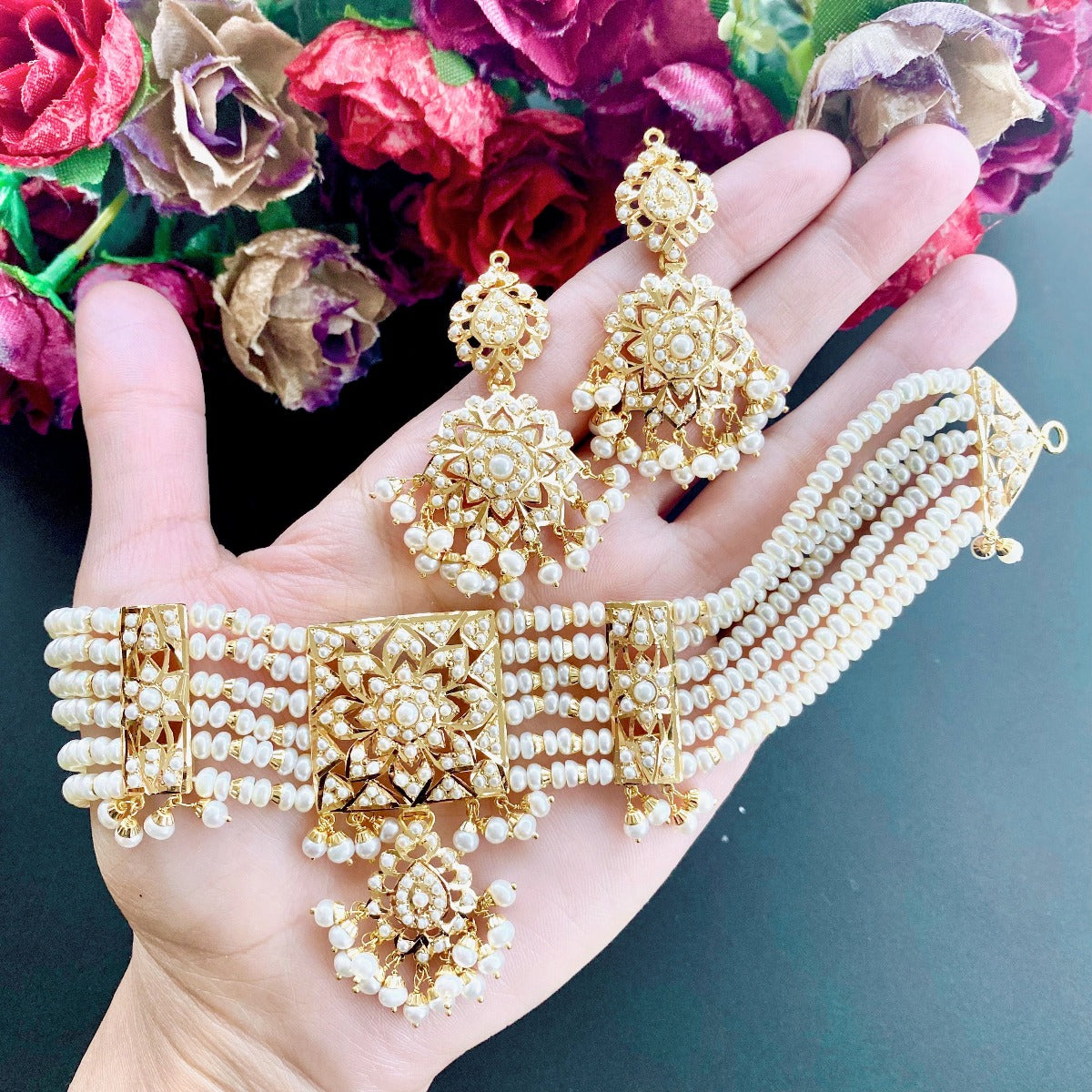 indian pearl choker on gold plated silver