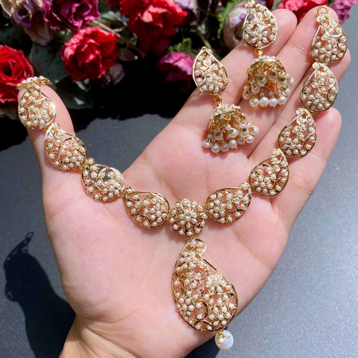indo western design pearl gold necklace with jhumka