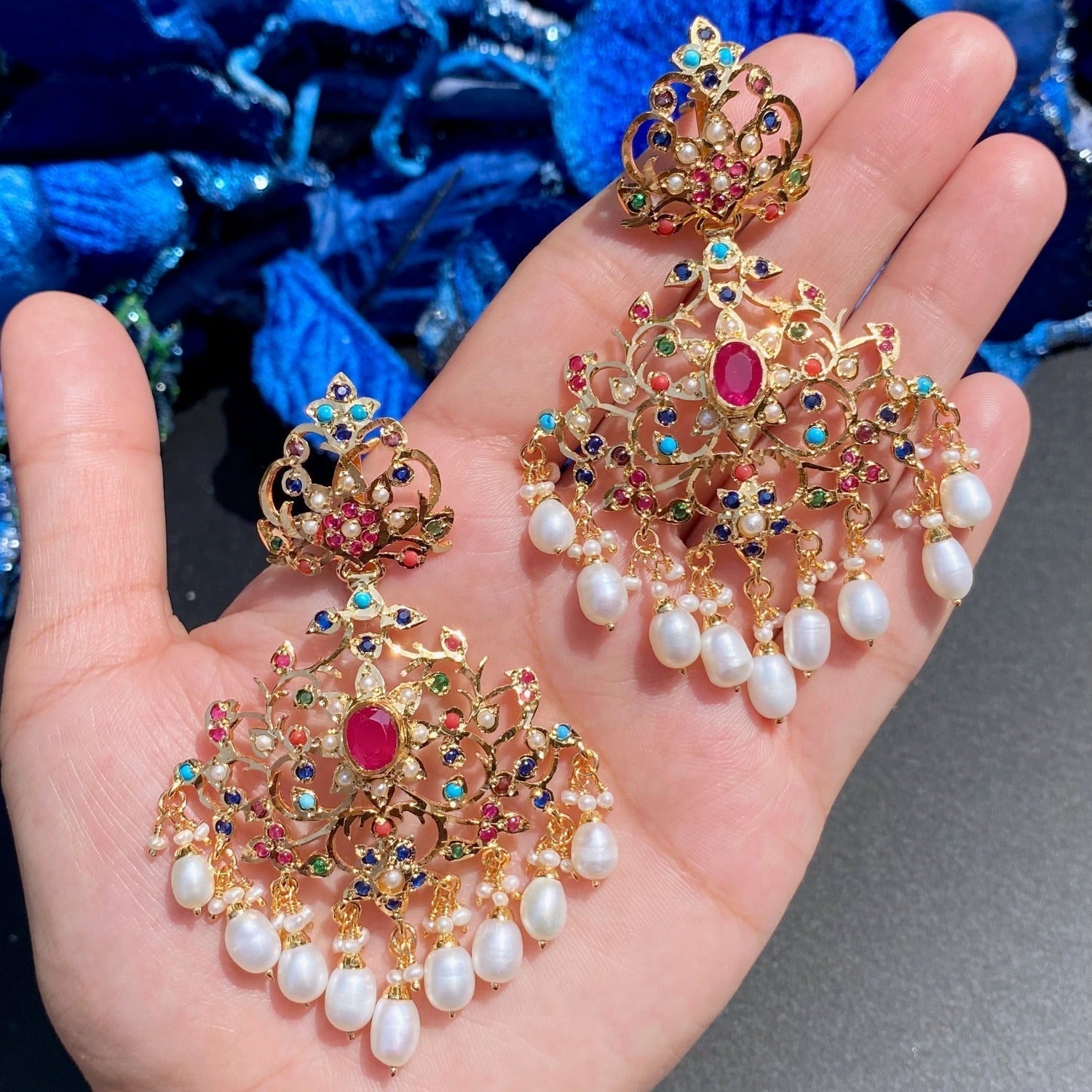 meermankaa Navaratna earrings in gold for destination wedding