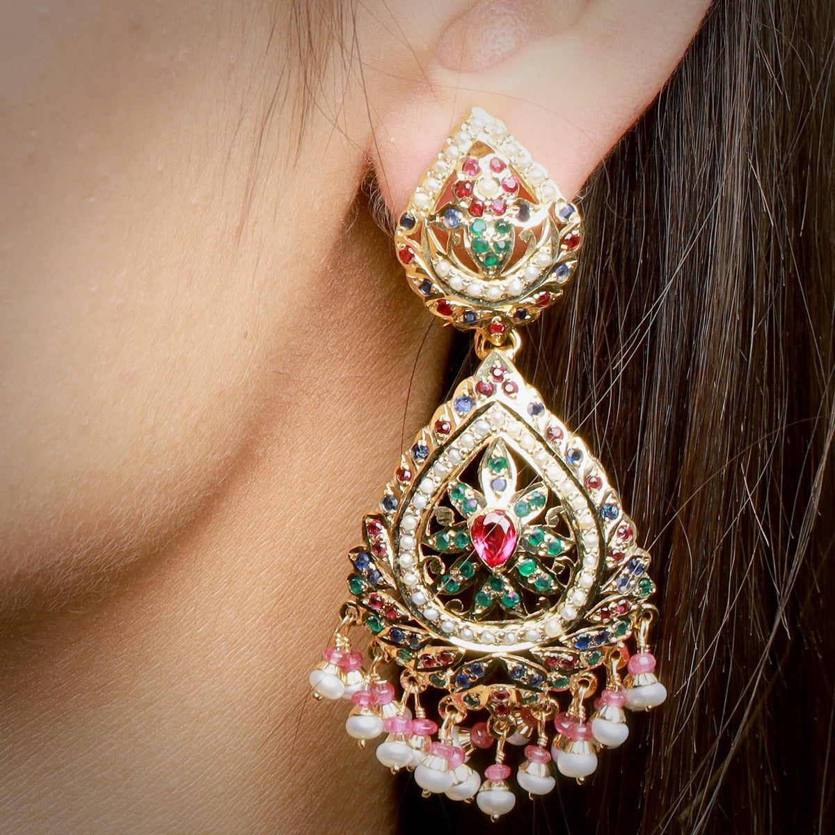 Multicolored Jadau Earrings in Gold Plated Silver ER 161