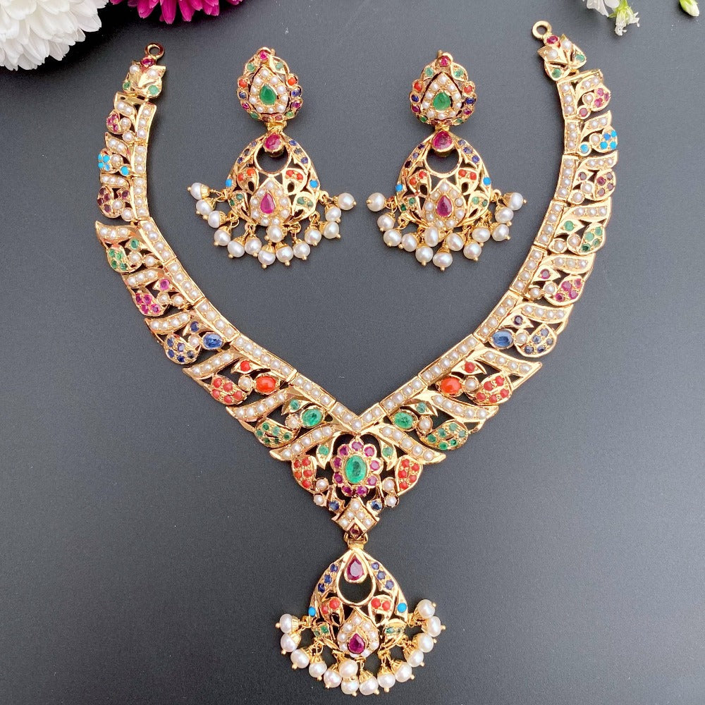 gold necklace set in nauratan colors indian jadau jewellery 22 karat gold