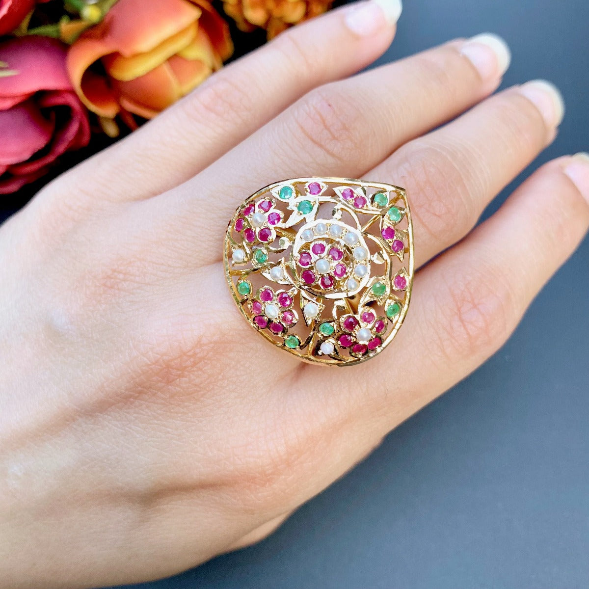 pure gold indian ladies ring 22k gold ruby emerald pearl