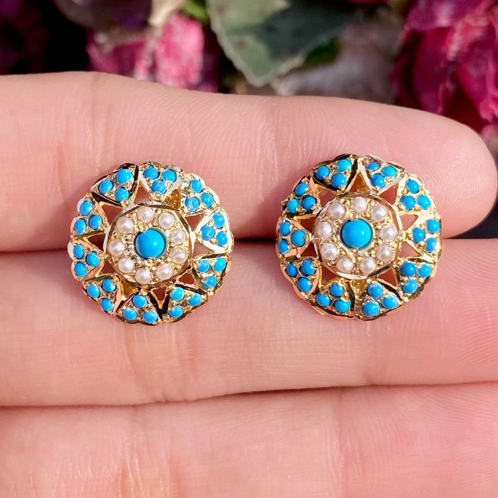round feroza gold studs