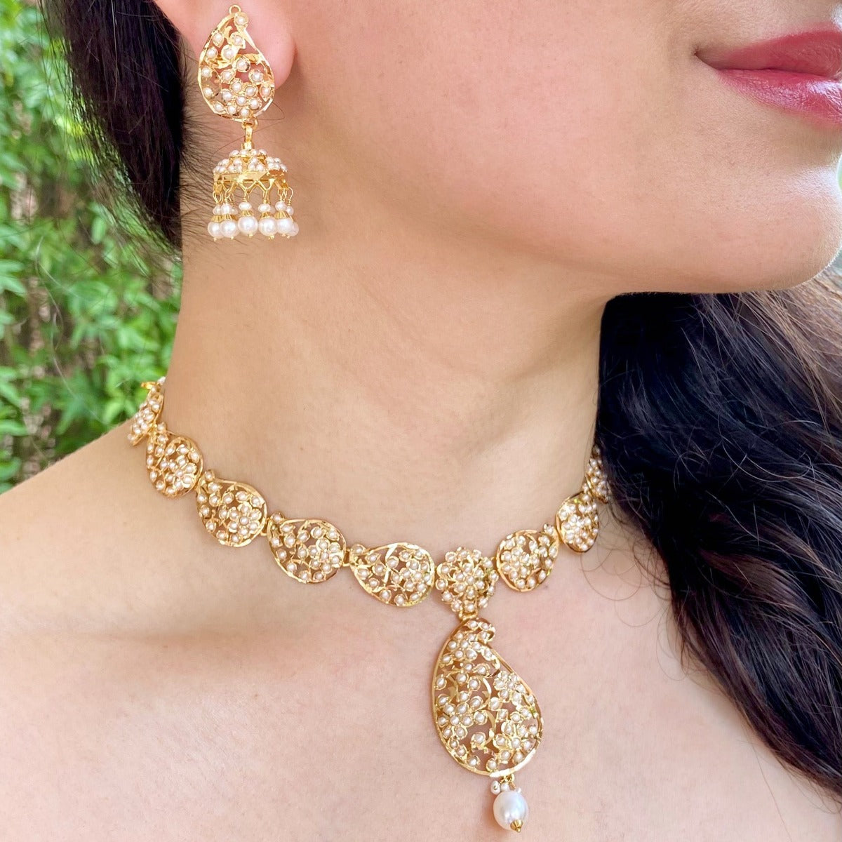 indo western design pearl gold necklace with jhumka
