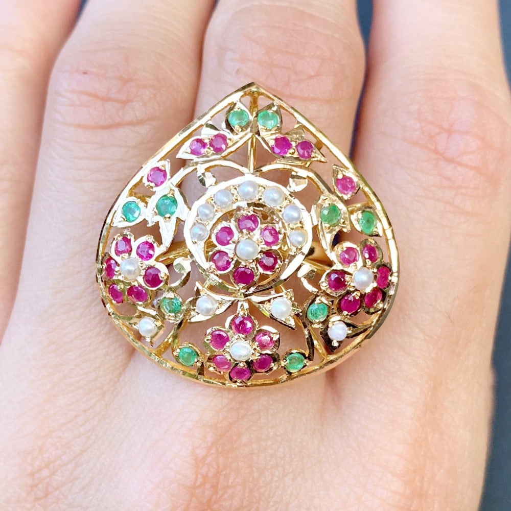 pure gold indian ladies ring 22k gold ruby emerald pearl