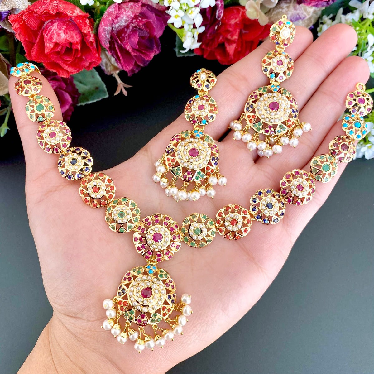 lightweight simple navratna necklace set on real gold