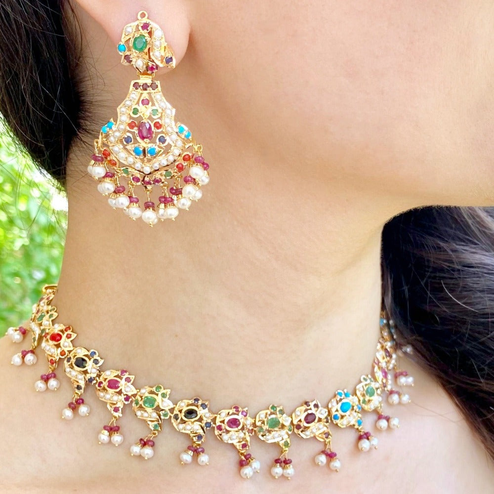 navaratna gold necklace and earrings set