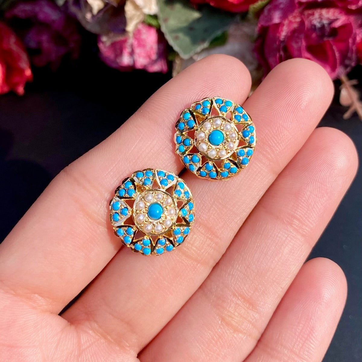 round feroza gold studs