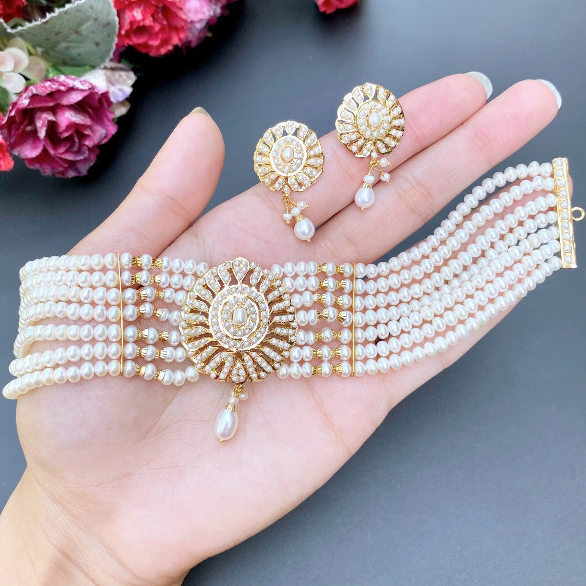 pakistani pearl choker set gold