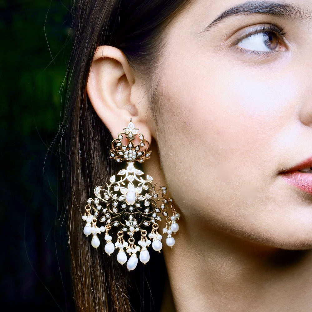 Alluring Pearl Earrings | Antique Edwardian Victorian Styled Indian Jewelry | Silver with Gold Plating  ER 170