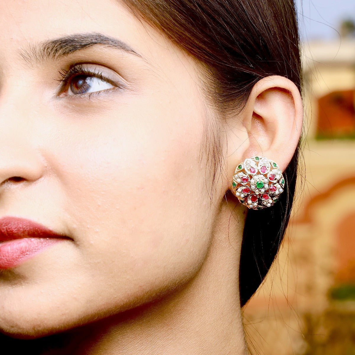 Multicolored Jadau Stud Earrings | Sterling Silver with Gold Plating  ER 164