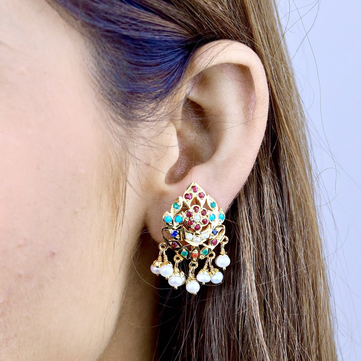 Navaratna Studs with Freshwater Pearls | ER 150E