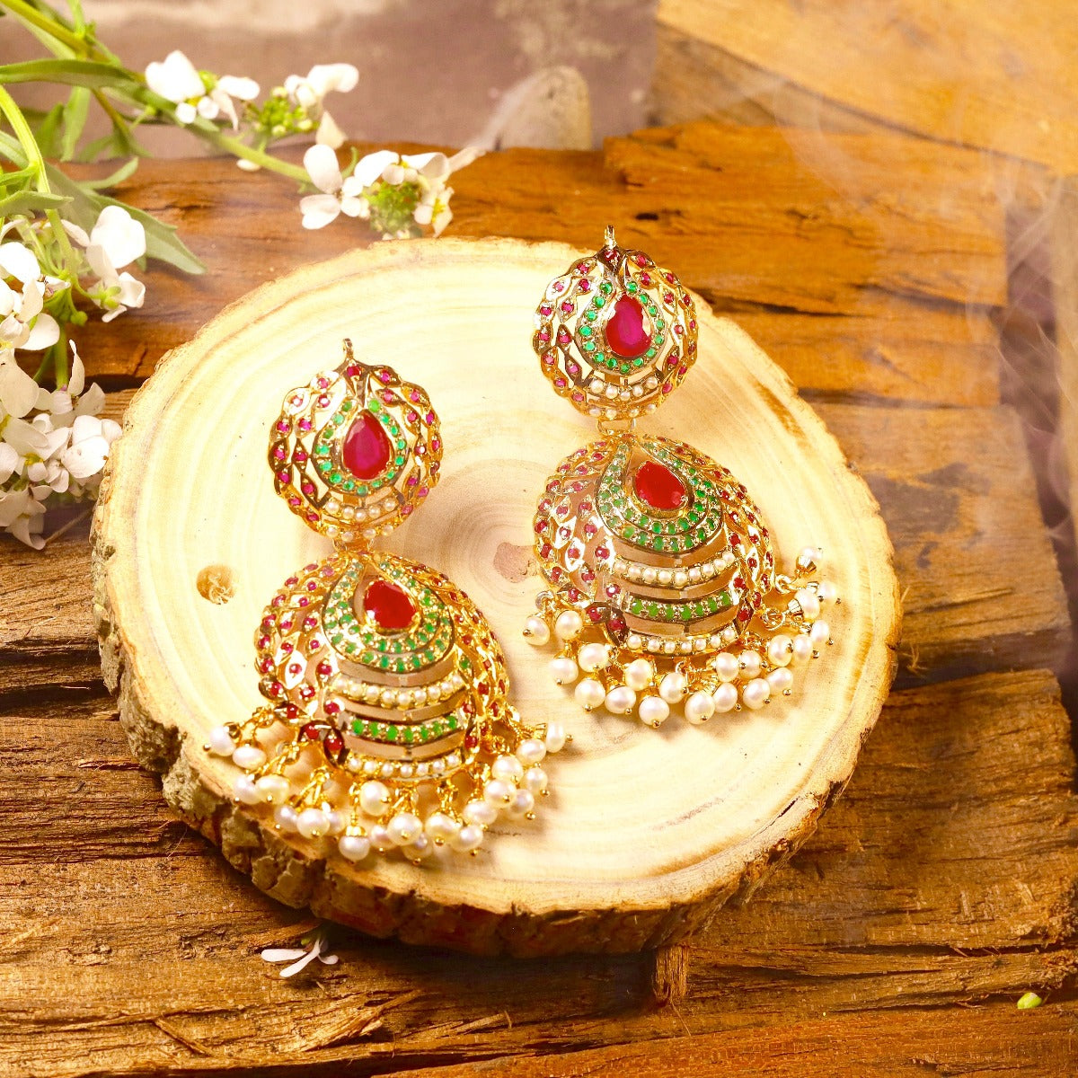 Multicolored Jadau Chandbali Earrings in Gold Plated Silver ER 129