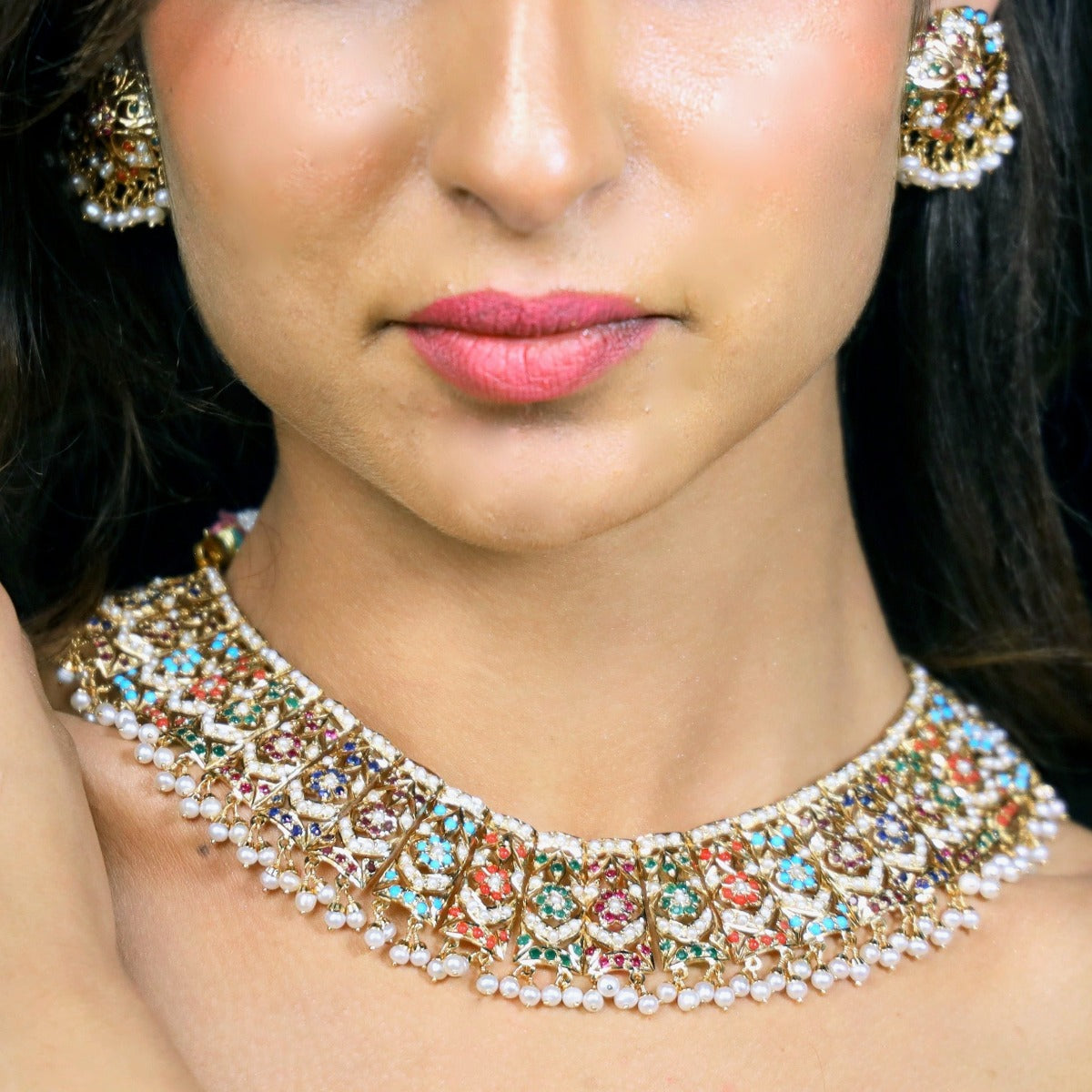 Gold Finished Necklace Set in Sterling Silver Studded With Navaratna Stones NS 025D