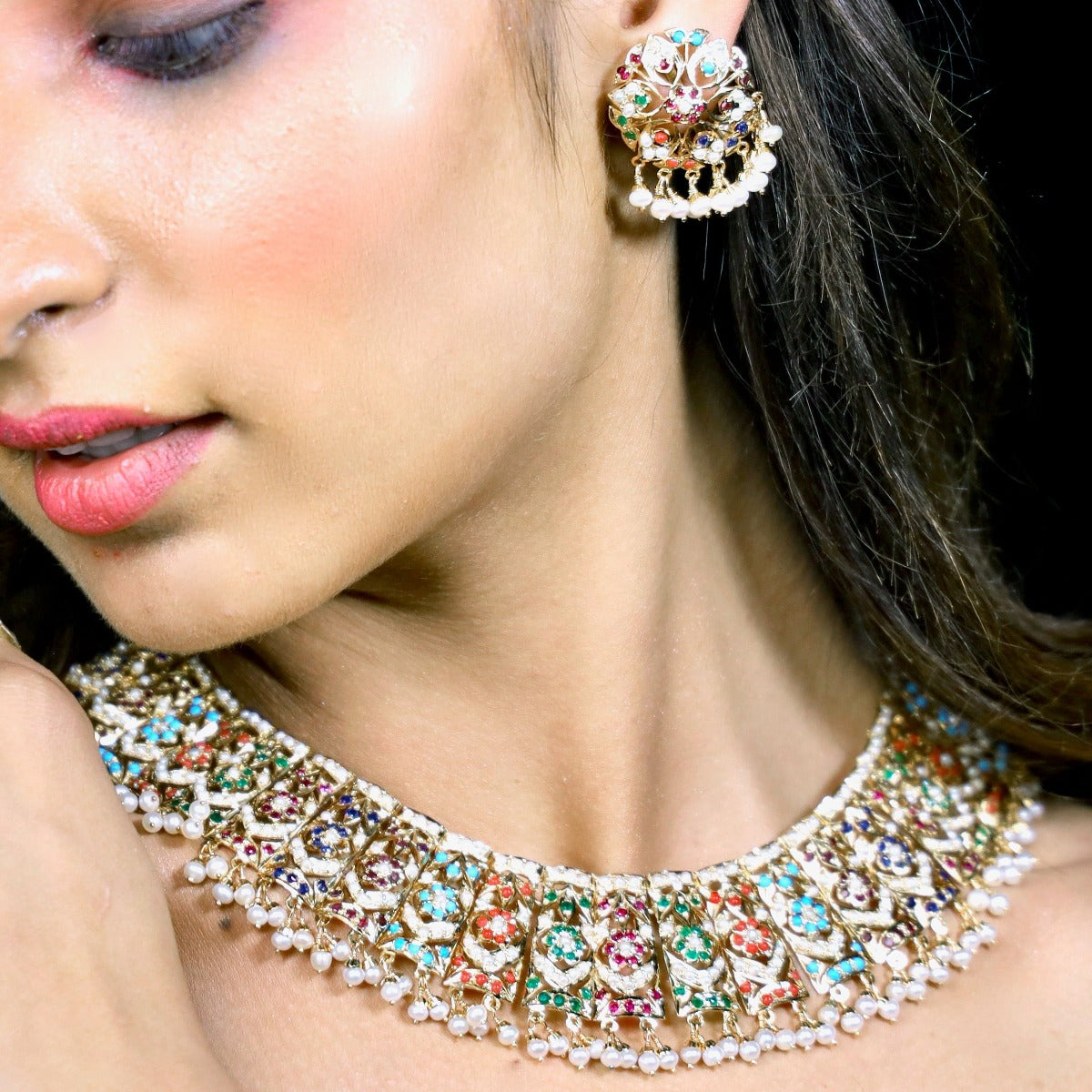 Gold Finished Necklace Set in Sterling Silver Studded With Navaratna Stones NS 025D