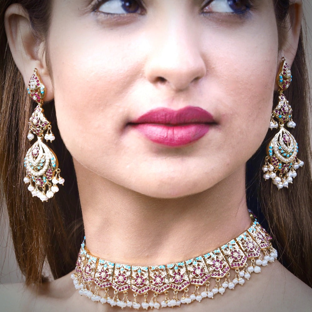 pakistani jadau choker set with rubies and feroza