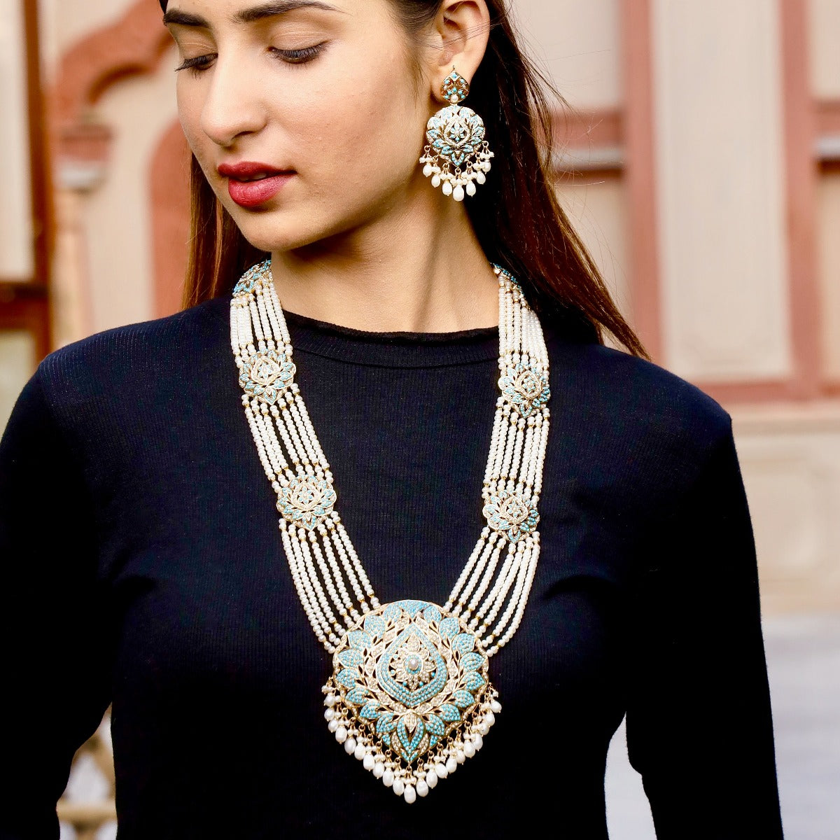 gold plated pearl rani haar with feroza