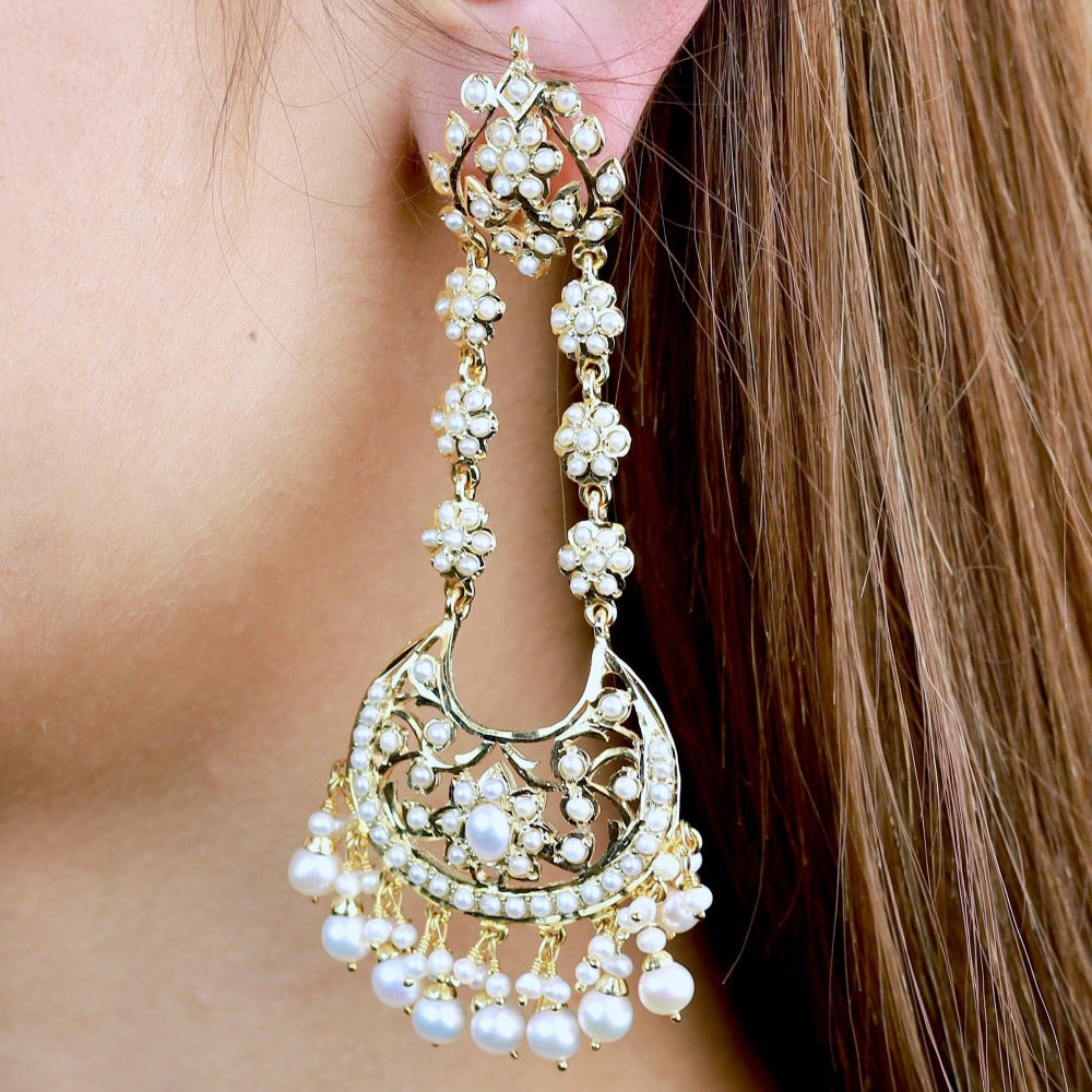 long pearl chandbali earrings