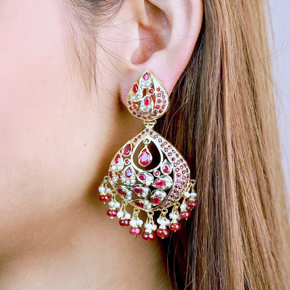 Pearl Ruby Jadau Chandbali Earrings | Gold Plated Silver Jewellery ER 330