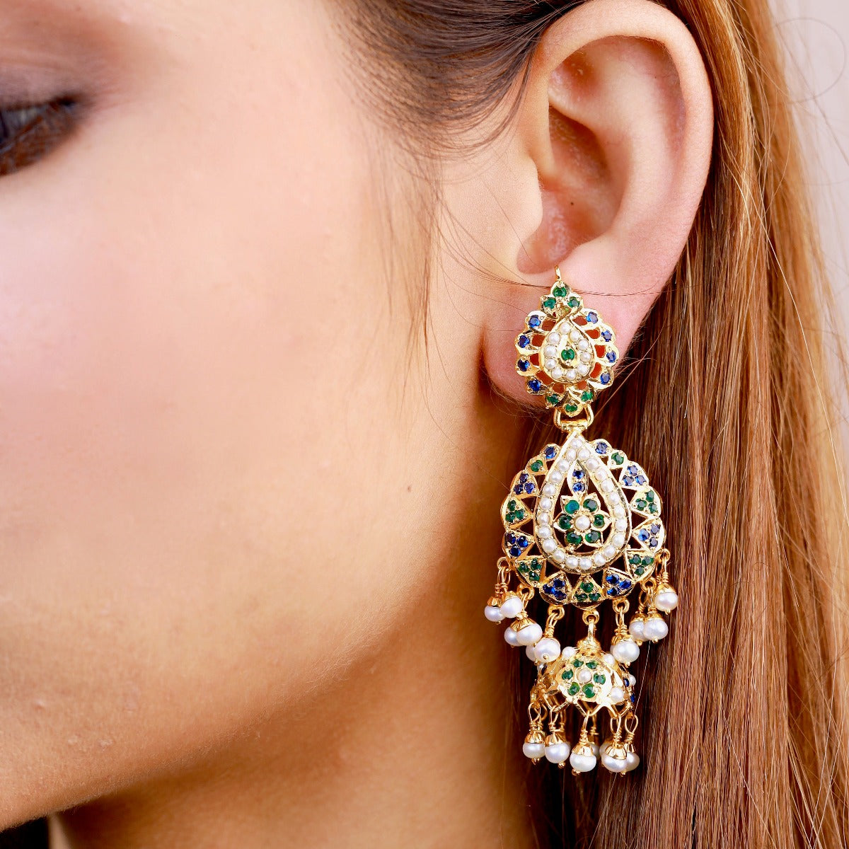 Multicolored Jadau Jhumka Earrings in Gold Plated Silver ER 357