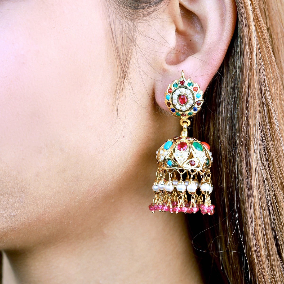 gold polished navratan jhumka