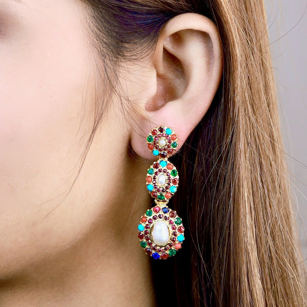 long gold plated pakistani Navaratna earrings