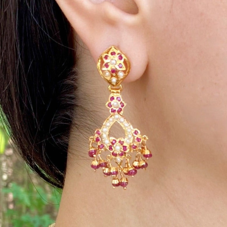 Dainty Ruby & Pearl Earrings | Small Jadau Earrings | Gold Plated on Silver ER 635