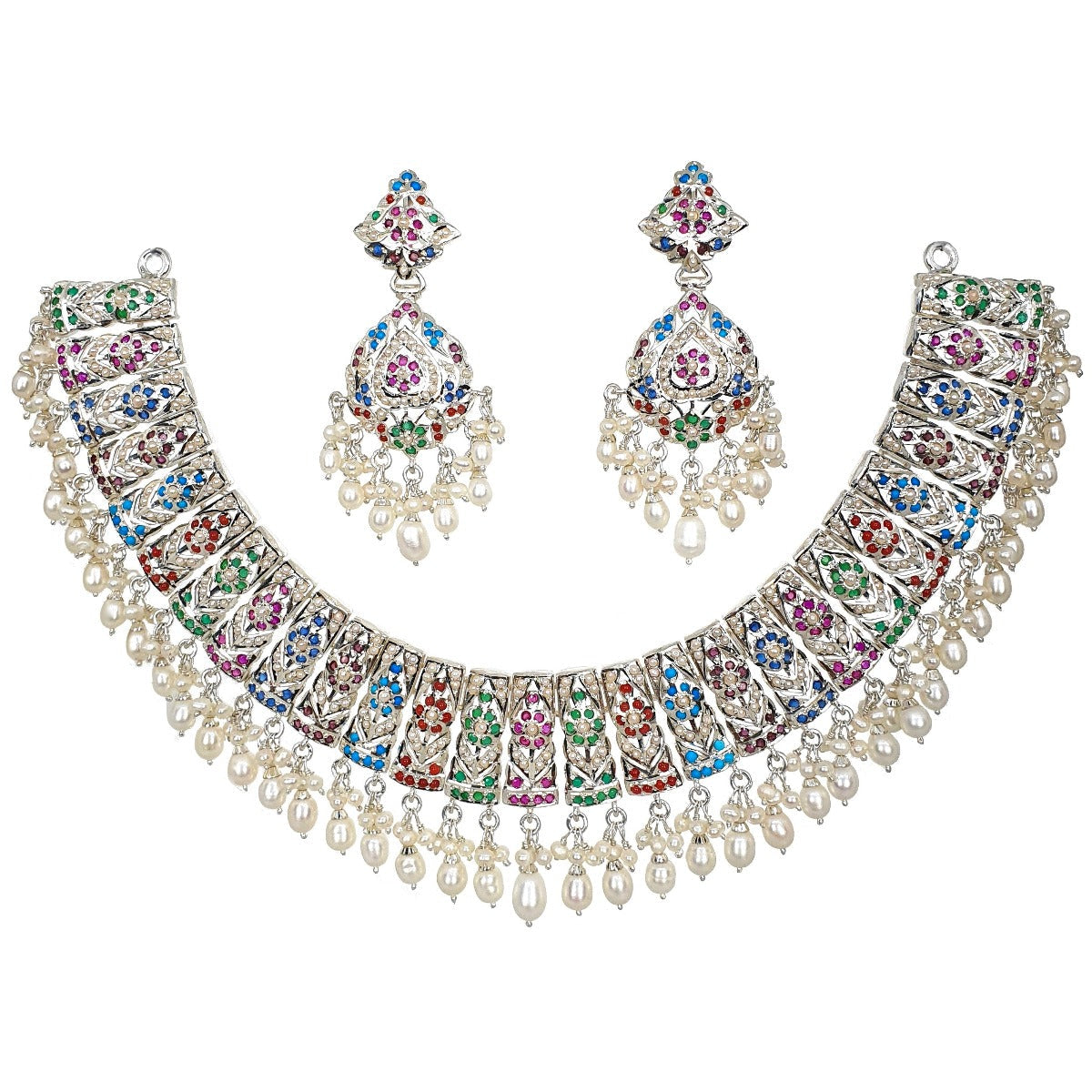 Navratna Necklace set in silver finish NS 010A