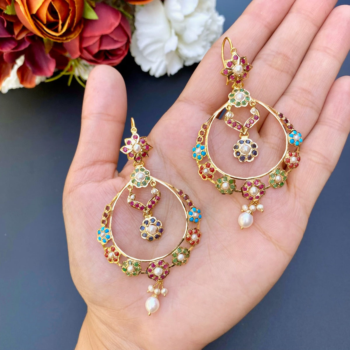 indian navaratan chandbali earrings online