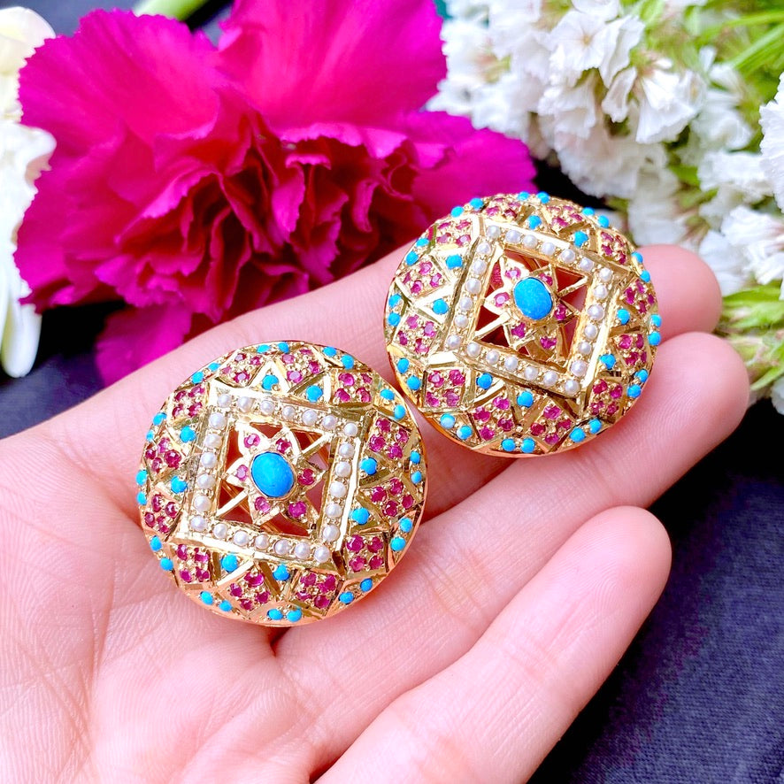 Multicolored Jadau Earrings in Gold Plated Silver ER 188