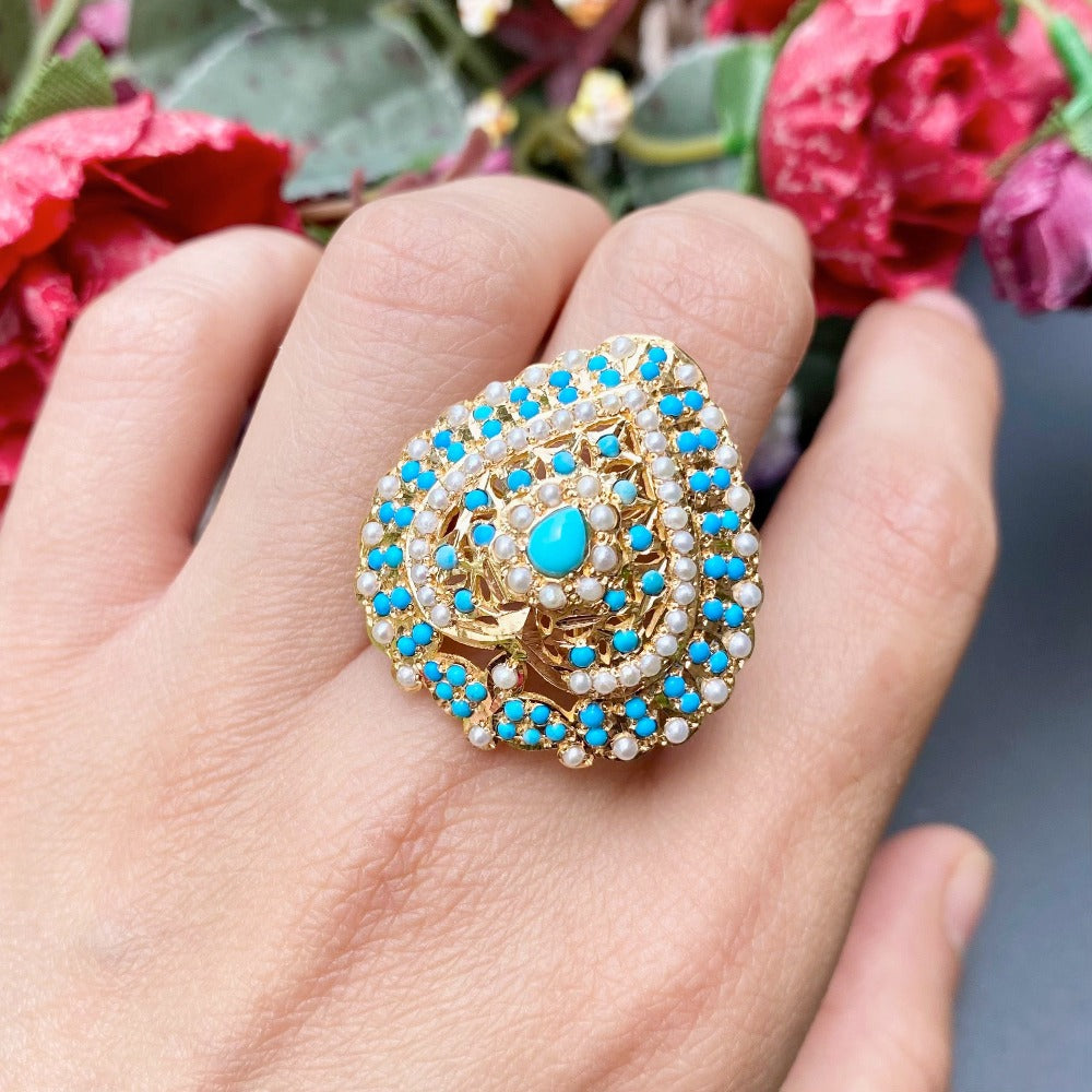 turquoise and ruby ring in 22 carat gold