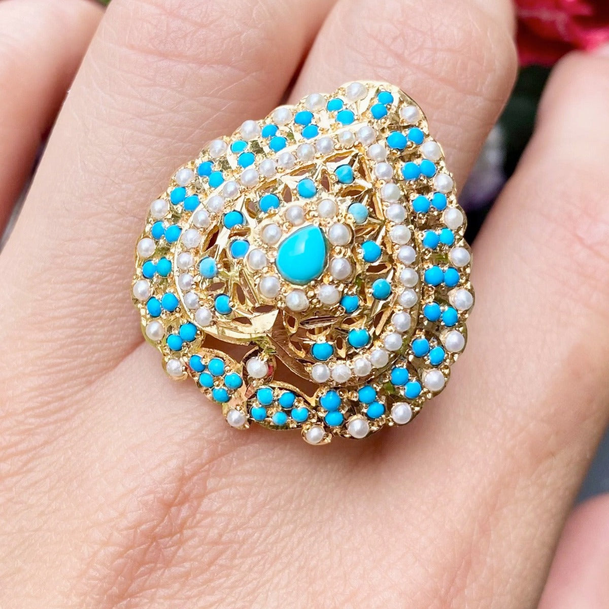 turquoise and ruby ring in 22 carat gold