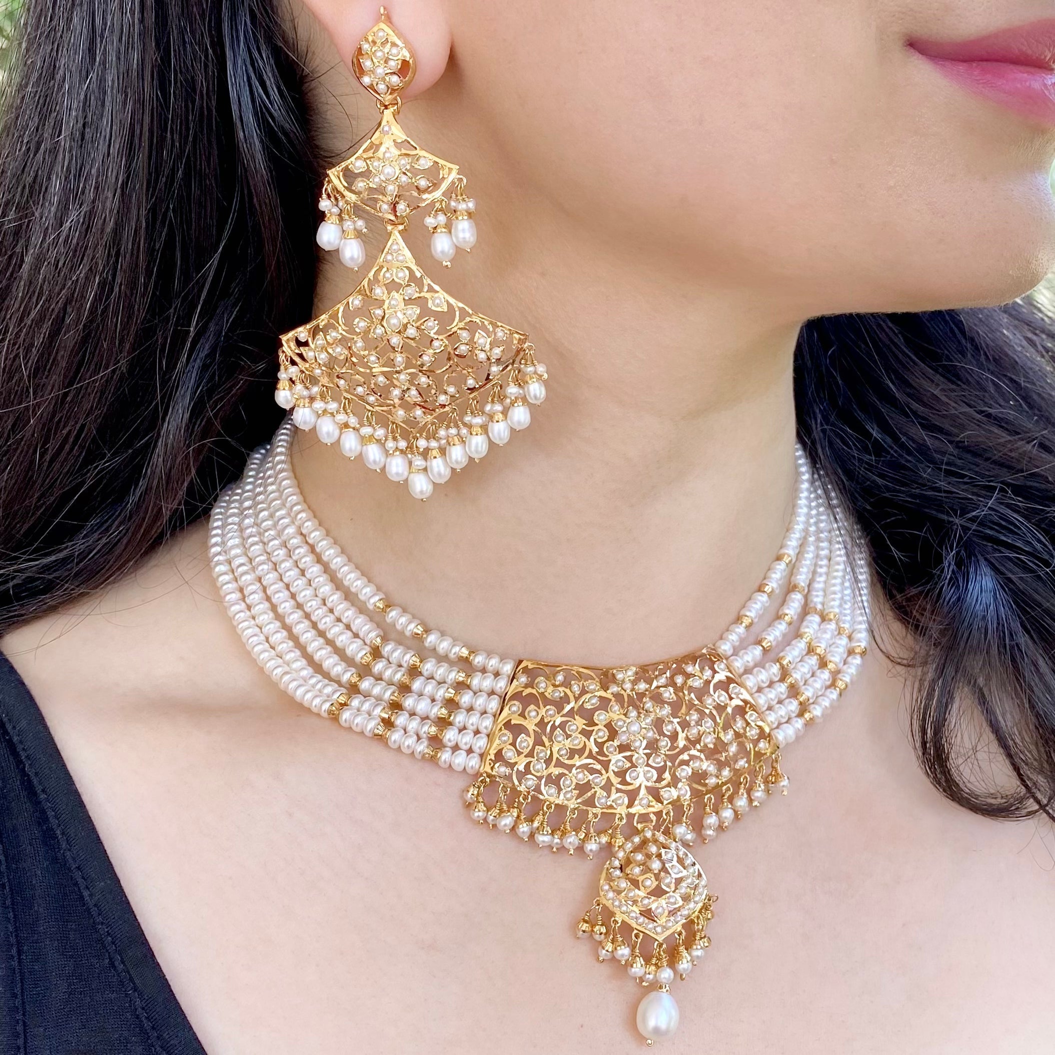 Antique Design Gold Plated Pearl Choker | Statement Earrings | Real Pearls & 925 Silver NS 219