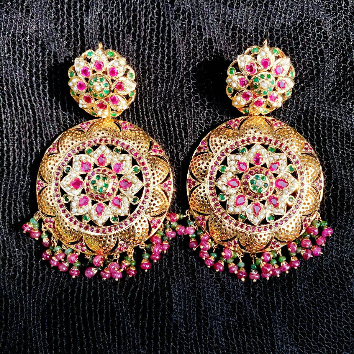 Large Round Jadau Earrings in Gold Finished Silver ER 002