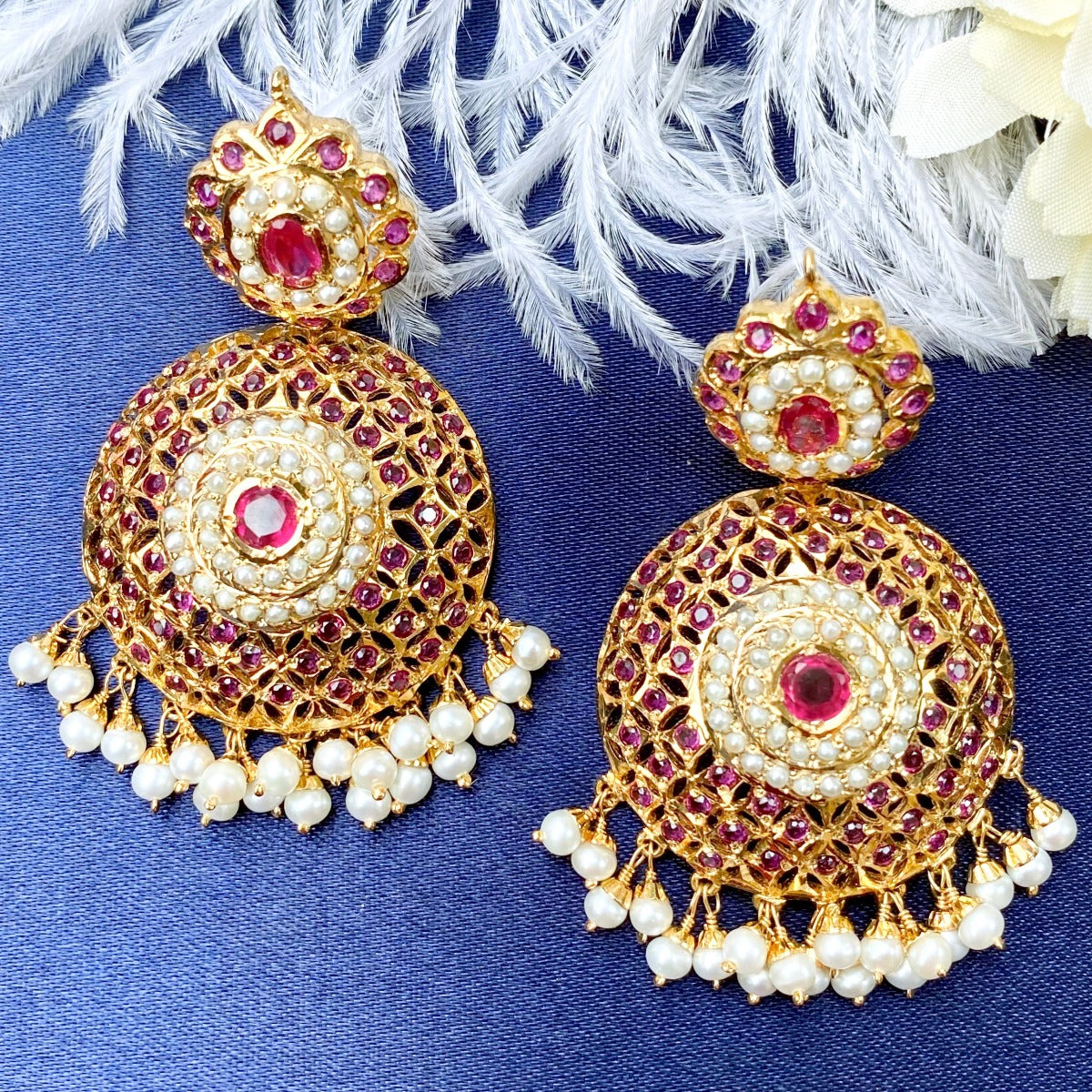 Round Jadau Earrings | Red and White Jadau Danglers ER 027