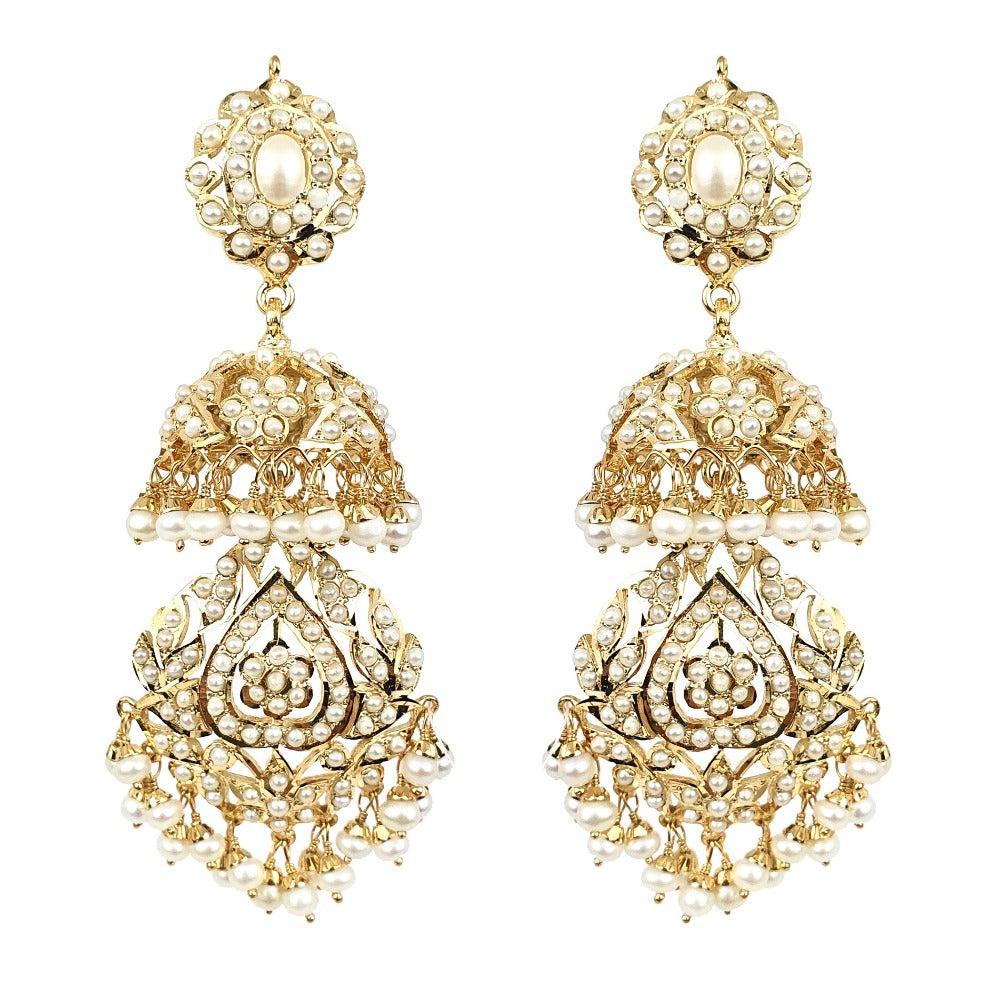 long pearl jhumka earrings made on silver with gold plating