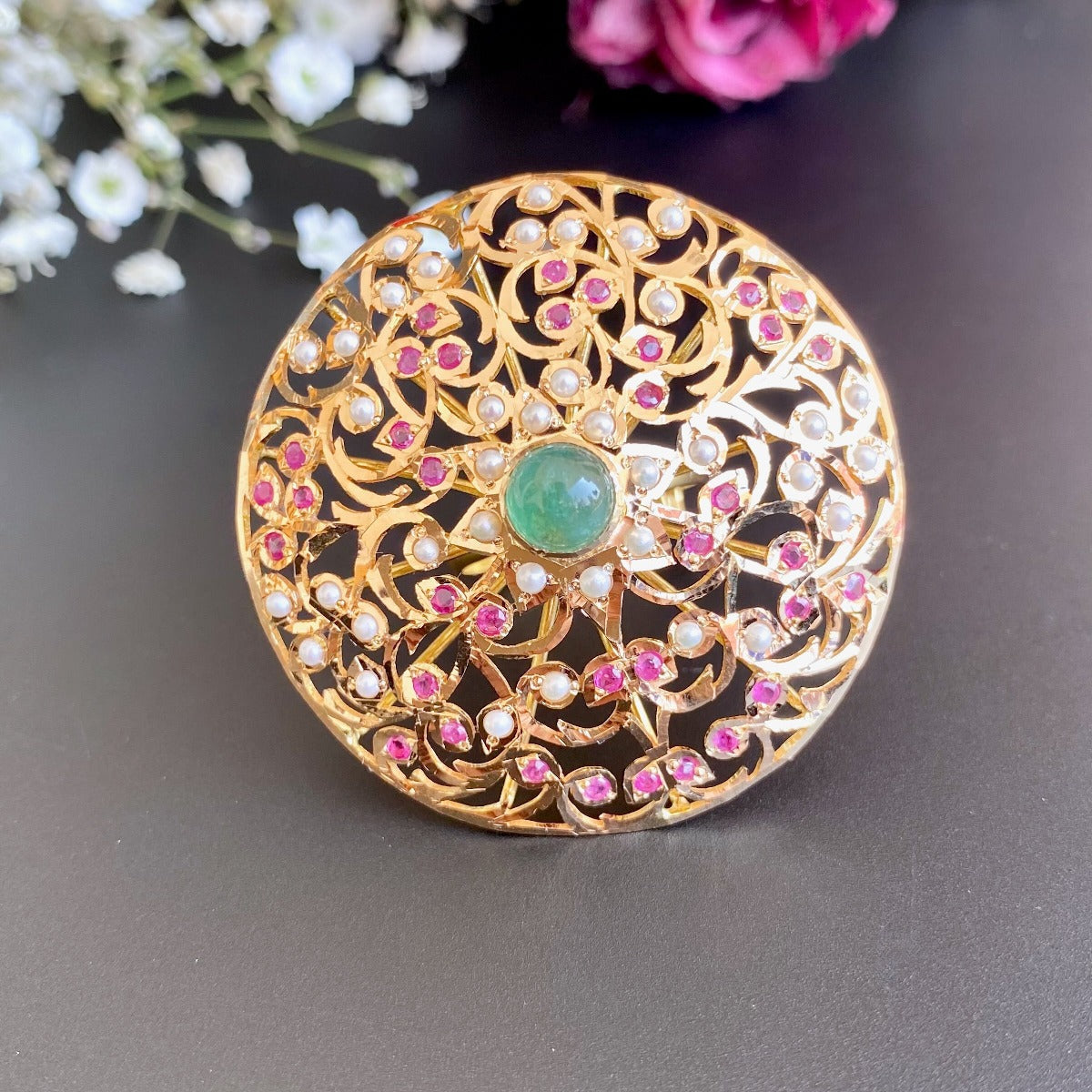 ruby emerald pearl cocktail jadau ring in 22ct gold glr