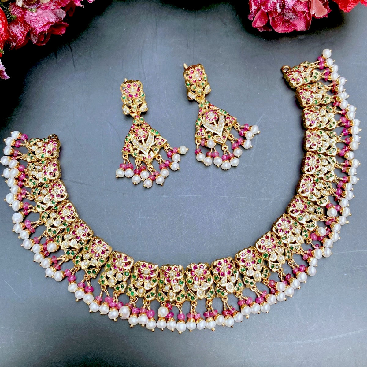 gold plated jadau set on silver