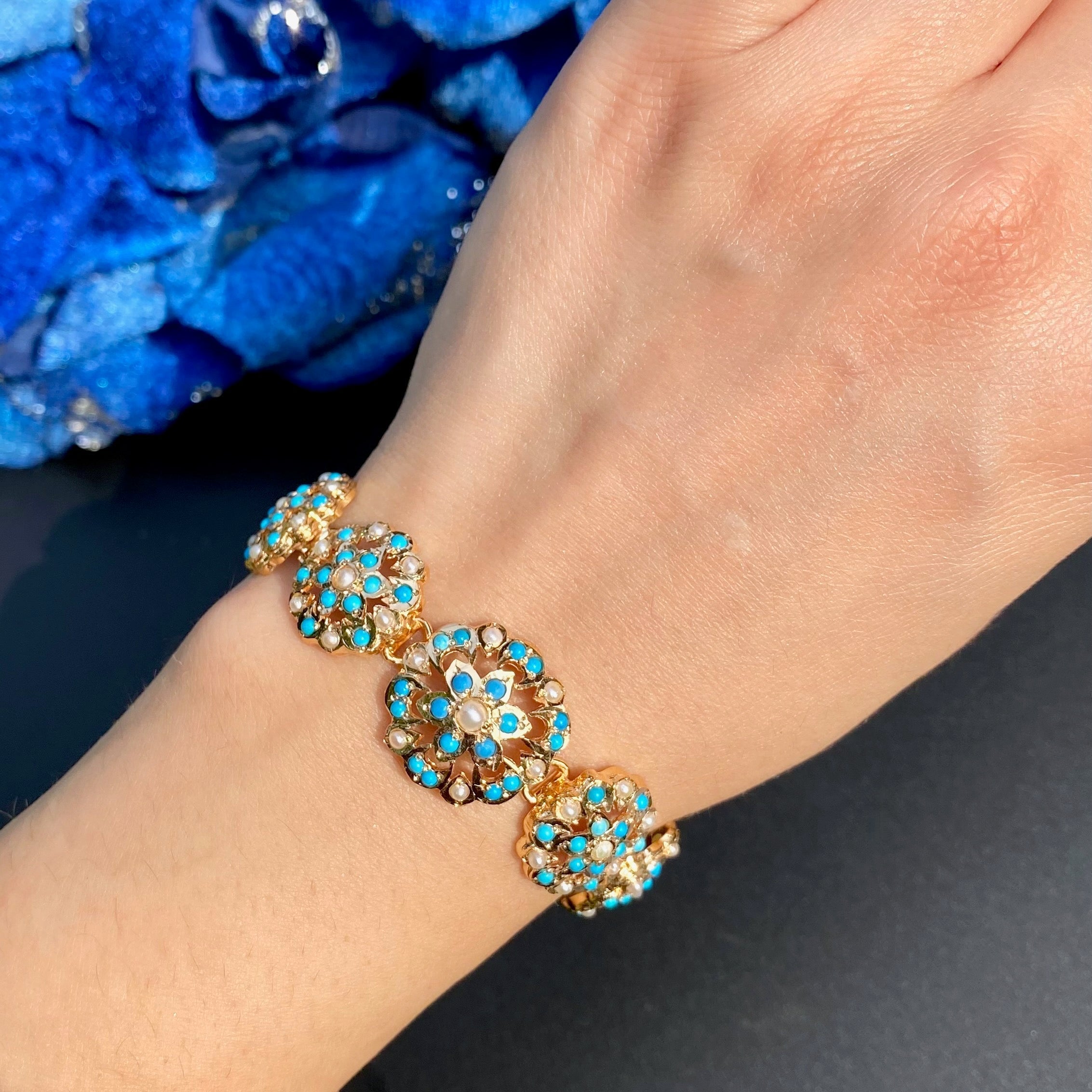 Floral Turquoise Adjustable Bracelet | Silver Turquoise Bracelet | BG 090