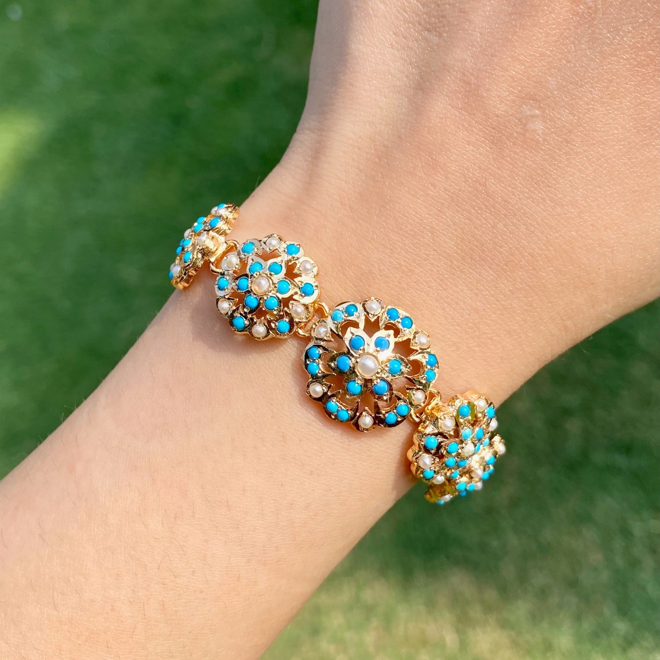 Floral Turquoise Adjustable Bracelet | Silver Turquoise Bracelet | BG 090