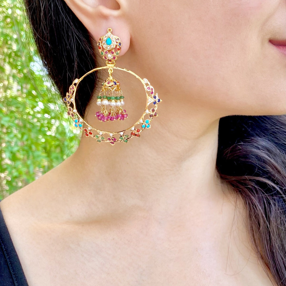 Lightweight Multicoloured Chandbali Jhumki in 22ct Gold GER 068