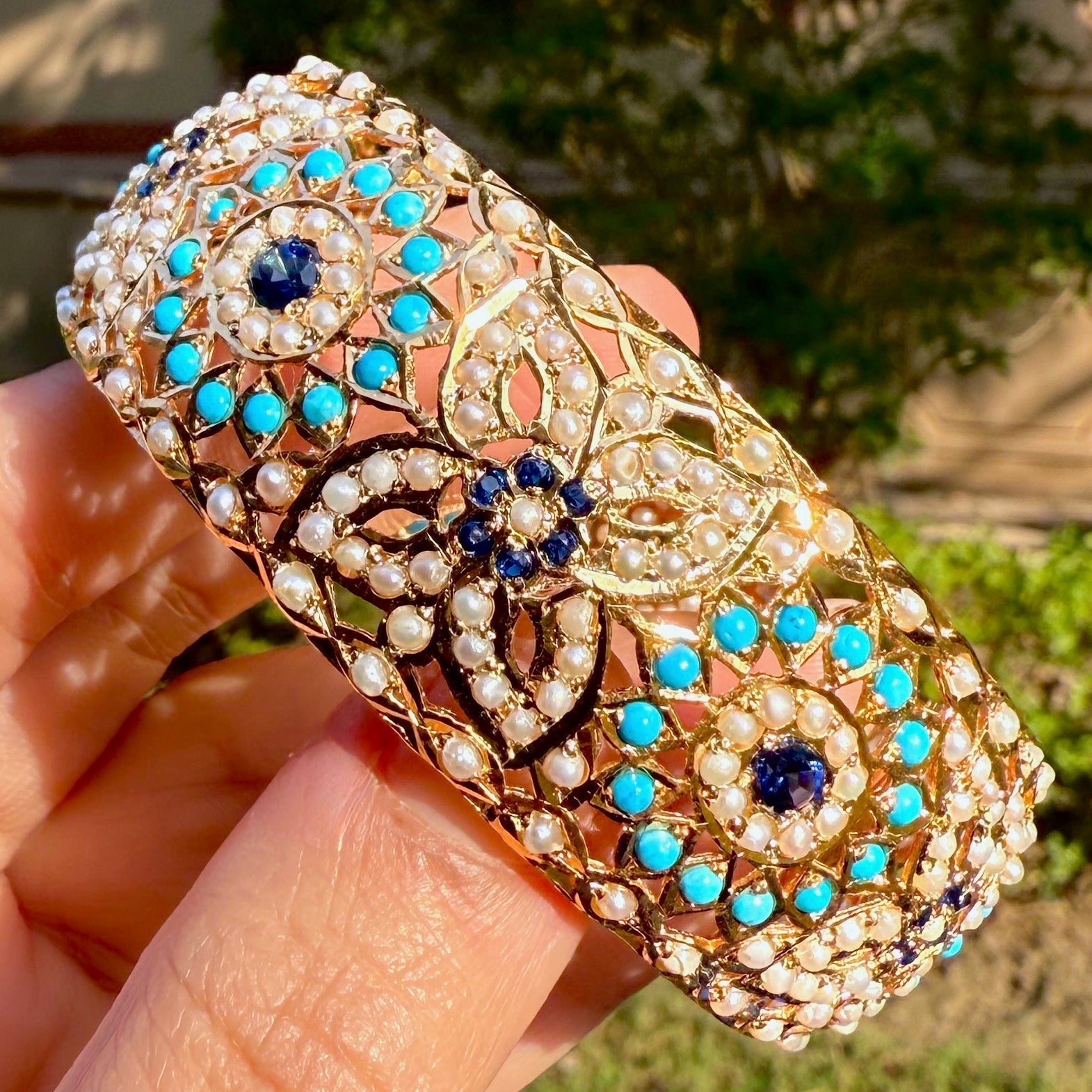 Turquoise Pearl Sapphire Kada | Broad Bangles | Gold Plated Silver | BG 097